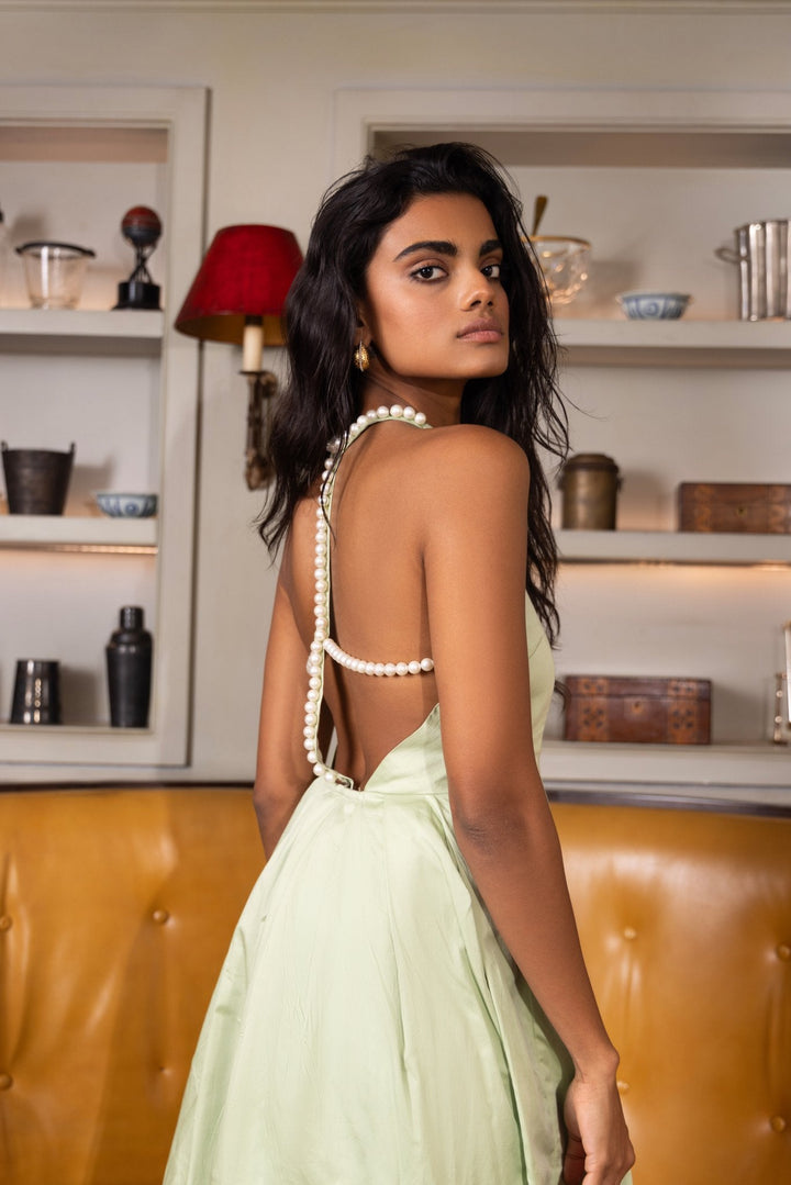 Pistachio Pearl Halter Neck Dress Elegant Evening Gown Sage By Mala Pistachio Pearl Halter Neck Dress Elegant Evening Gown Sage By Mala