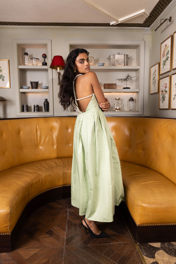 Pistachio Pearl Halter Neck Dress Elegant Evening Gown Sage By Mala Pistachio Pearl Halter Neck Dress Elegant Evening Gown Sage By Mala