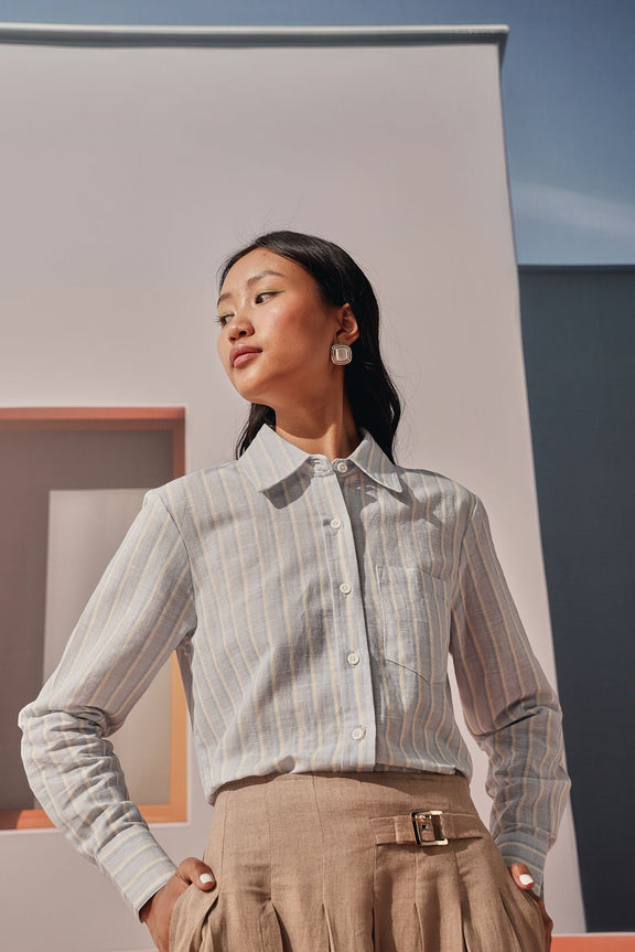 Blue Stripe Remi Top - Cotton Linen Button-Down – Sage By Mala