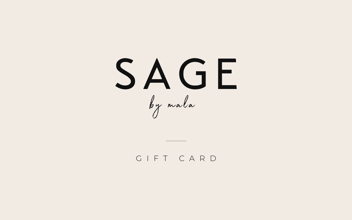 Sage By Mala gift card in ivory with the SAGE by mala wordmark